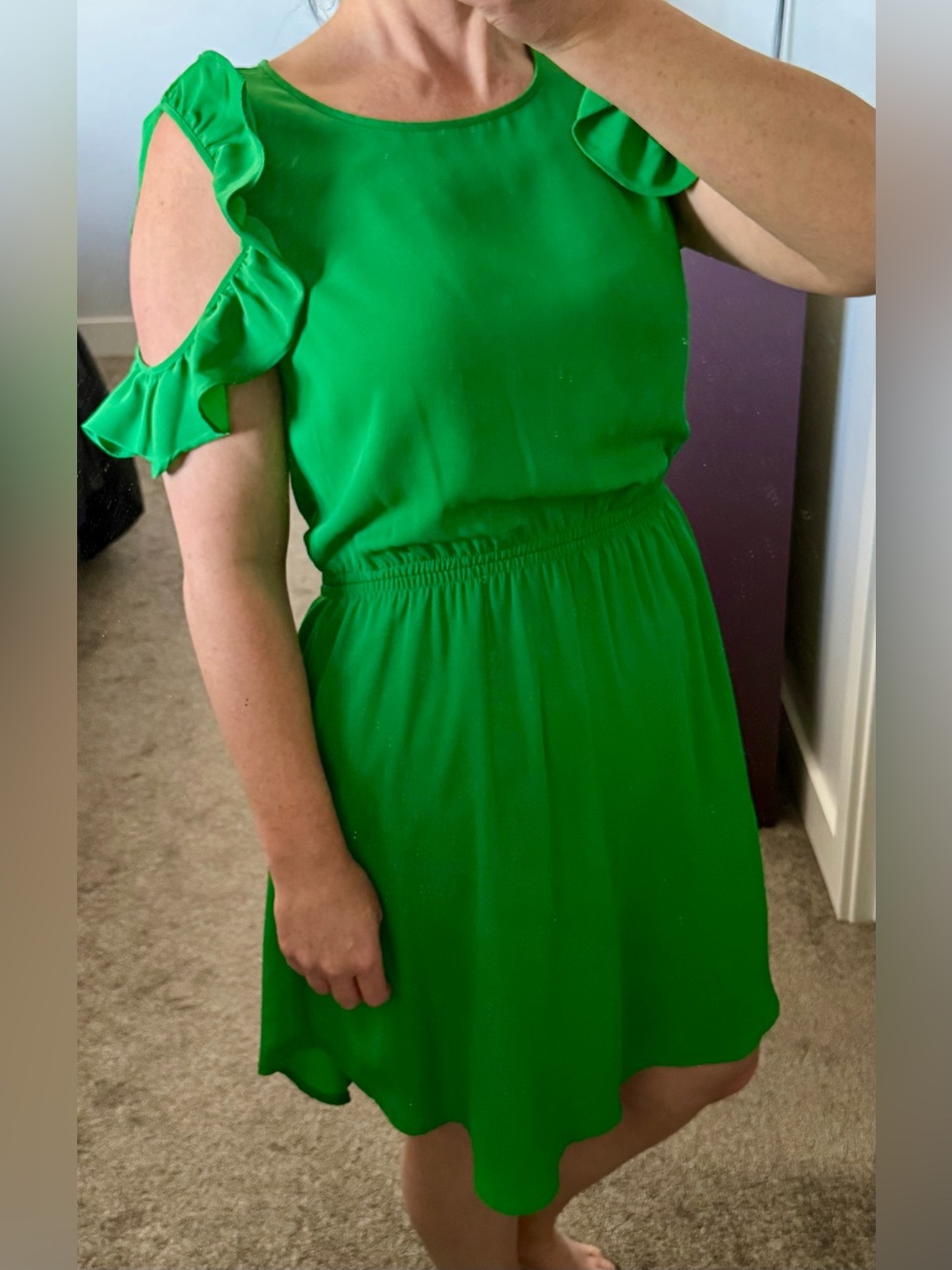 RW&CO. Bright Green Cold-Shoulder Ruffle Dress